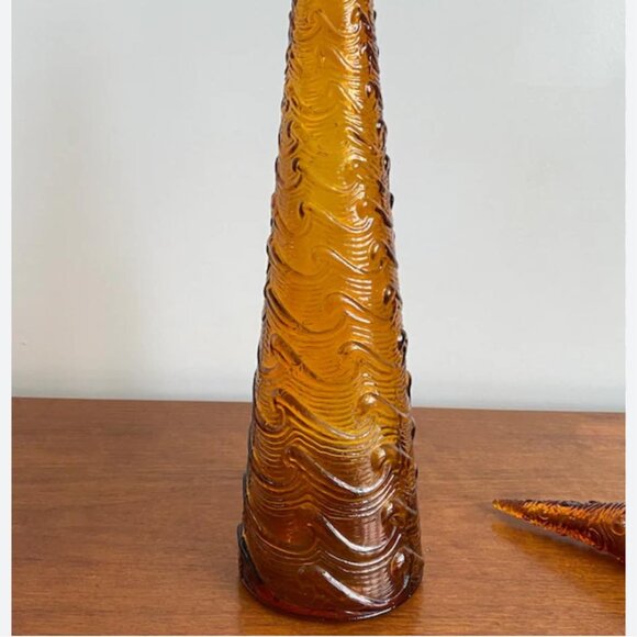 Vintage Amber Italian Empoli Glass Bottle with Wave Pattern - Picture 1 of 9